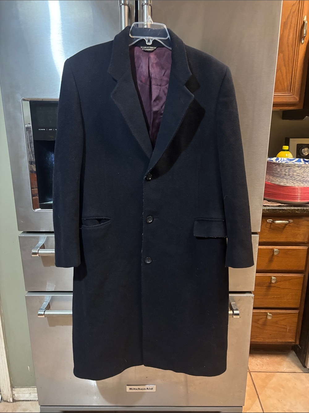 Di Silver Men's Black Wool Pea Coat with Purple Lining